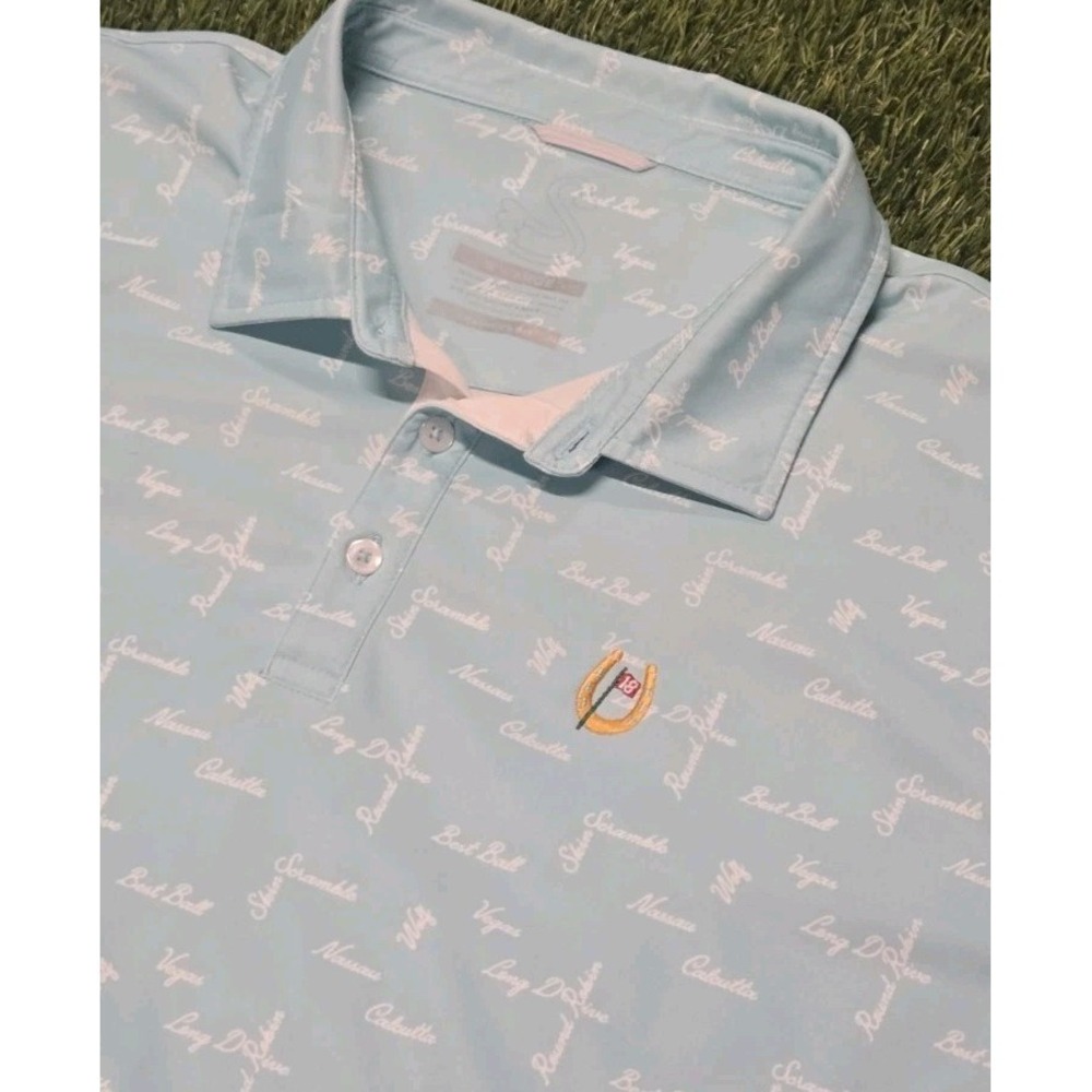Swannies Mens Golf Polo Shirt XL Light Blue Betting Terms Print Horseshoe Logo